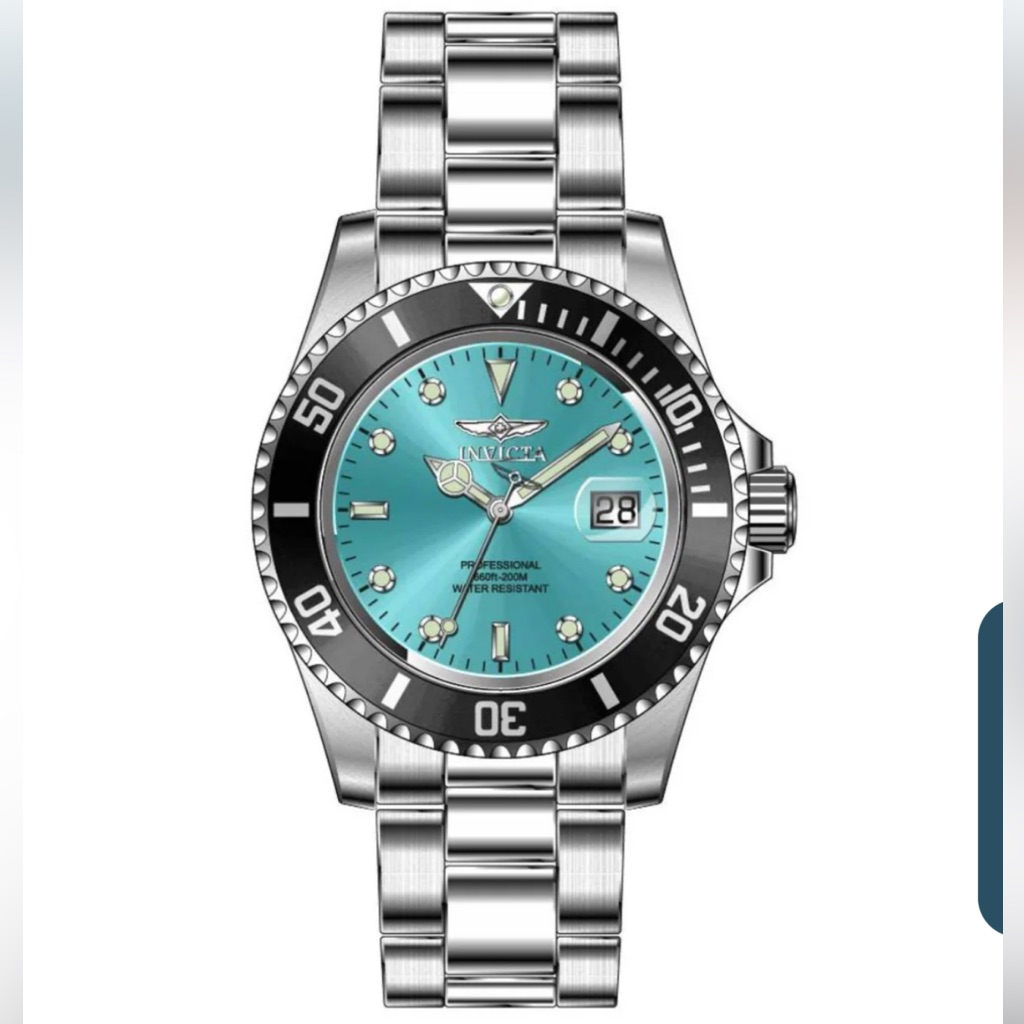 Invicta Mens Watch Pro Diver Quartz Silver Turquoise Dial Black Rotating Bezel